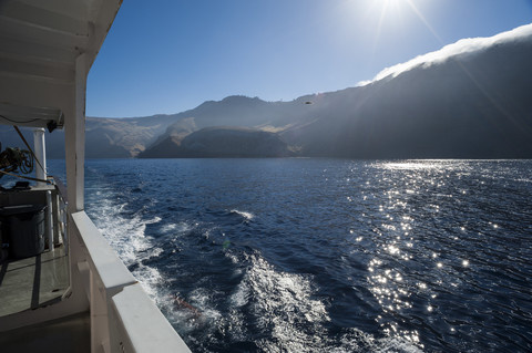 Mexico, Guadalupe, Pacific Ocean, view to steep coast from boat stock photo