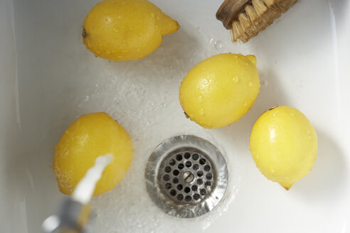Cleaning lemons with vegetable brust in sink, elevated view - SABF000033