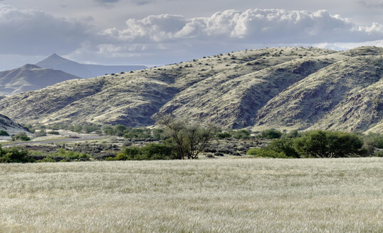 Afrika, Namibia, Namib Naukluft, Blick auf Berge und Grasland im Vordergrund - HLF000594