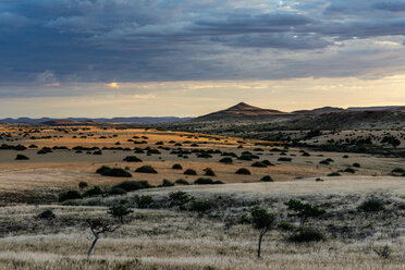 Africa, Namibia, Damaraland, sunset over landscape - HLF000598