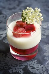 Glas Panna Cotta und Rhabarbercoulis garniert mit Holunderblüten - HAWF000205