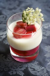 Glass of panna cotta and rhubarb coulis garnished with elderflower - HAWF000205