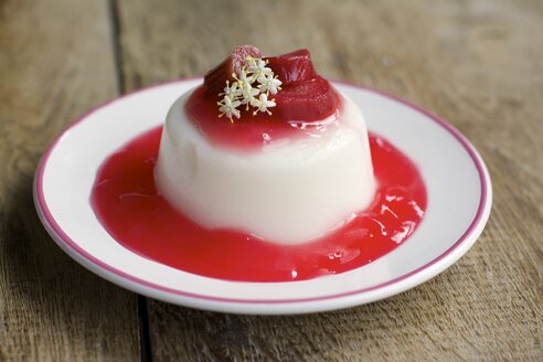 Panna cotta mit Rhabarbercoulis garniert mit Holunderblüten - HAWF000207