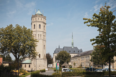 Deutschland, Nordrhein-Westfalen, Stift Tilbeck, Wasserturm, lizenzfreies Stockfoto