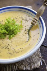 Chervil carrot soup, garnished with fresh chervil and fennel seeds - HAWF000212