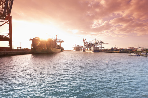 Germany, Hamburg, Container ships at the Waltershofer harbor stock photo