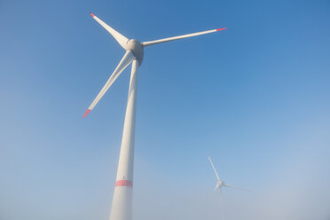 Germany, Hamburg, wind turbine in early morning fog - MSF003983