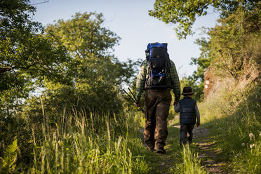 Deutschland, Rheinland-Pfalz, Moselsteig, Vater und sein kleiner Sohn wandern, Rückansicht - PAF000682