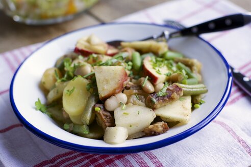 Westfälisches Blindhuhn, Traditioneller westfälischer Eintopf mit Kartoffeln, weißen Bohnen, grünen Bohnen, Apfel, Birne und Tempeh - HAWF000218