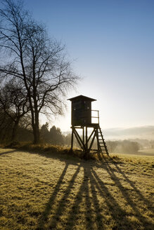 Deutschland, Nordrhein-Westfalen, Bergisches Land, Hochsitz im Morgenlicht - ON000579