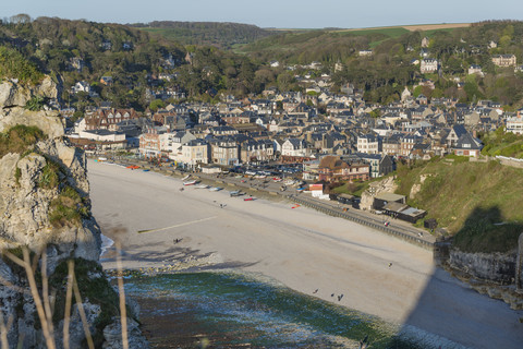 France, Normandie, Etretat, view to beach and town from the cliff stock photo