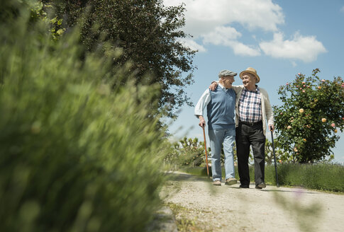 Zwei alte Freunde gehen im Park spazieren - UUF000690