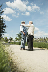 Zwei glückliche alte Männer stehen sich im Park gegenüber - UUF000692