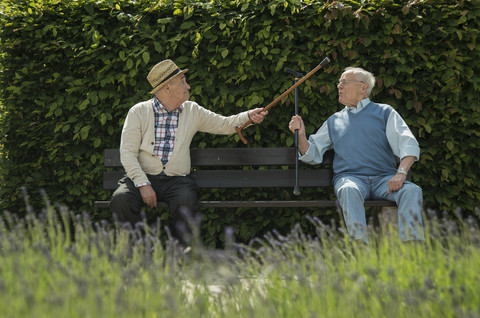 Deutschland, Worms, Zwei alte Freunde sitzen auf einer Bank im Park, lizenzfreies Stockfoto