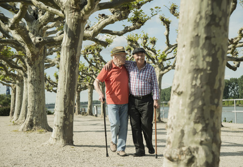 Deutschland, Rheinland-Pfalz, Worms, zwei alte Männer gehen Arm in Arm an der Rheinuferpromenade spazieren, lizenzfreies Stockfoto