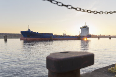 Deutschland, Hamburg, Poller am Schumacherwerder und Containerschiff auf der Elbe - MSF003992