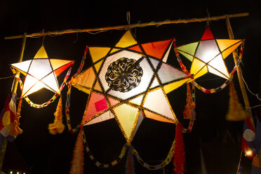 Laos, Luang Prabang, Colourd lanterns in the evening - MBEF001035
