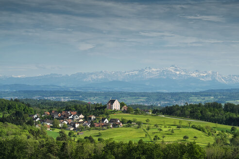 Deutschland, Baden-Württemberg, Landkreis Konstanz, Schloss Freudental vor Appenzeller Alpen und Säntis - ELF001044