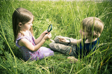 Brother and sister sitting on meadow playing with magnifying glass - SARF000670