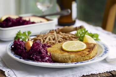 Tempeh schnitzel with red cabbage and wheat spaetzle - HAWF000274