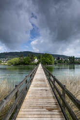Switzerland, Thurgau, Eschenz, Wooden bridge, View over Rhine river to Island of Werd - ELF001069