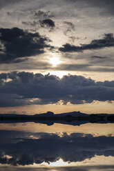 Germany, Baden-Wuerttemberg, Constance district, Lake Constance, Hegau, Hohentwiel and Hohenstoffeln, Water reflection at sunset - ELF001081