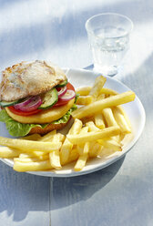 Chicken Burger und Pommes frites auf dem Teller - KSWF001312