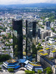 Germany, Hesse, Frankfurt, view to buildings of Deutsche Bank and city from above - AMF002394