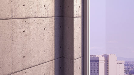 Teil einer Betonwand und Fenster mit Aussicht, 3D Rendering - UWF000107