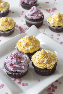 Teller mit Schokoladenmuffins mit Zitronenquark, dekoriert mit Backdekor auf weißem Holz - YFF000176