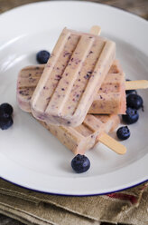 Plate of three home-made blueberry ice lollies and blueberries - ODF000761