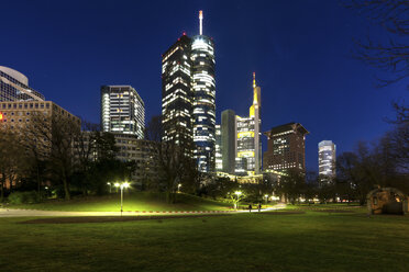 Germany, Hesse, Frankfurt, Financial district, Helaba, Commerzbank, Japan Tower and European Central Bank , ECB, at night - AMF002400