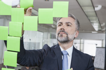 Germany, Munich, Businessman in office, putting sticky notes on glass pane - RBYF000584