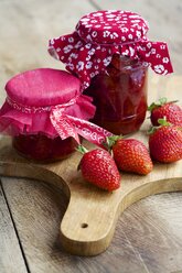 Jars of home made strawberry jam - HAWF000316
