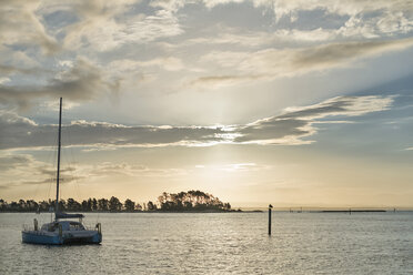 Neuseeland, Nelson, ein Katamaran und Wolken im Sonnenuntergang am Hafen von Nelson - SHF001494