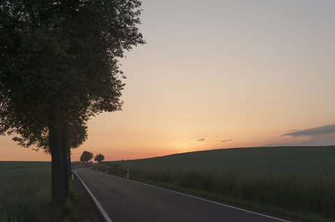 Deutschland, Sachsen, Muldental, Leere Straße bei Sonnenuntergang, lizenzfreies Stockfoto
