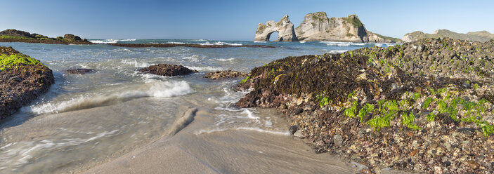 Neuseeland, Golden Bay, Wharariki Beach, Wellen spülen über Felsen mit Seetang am Strand und Felsbogen im Hintergrund - SHF001447