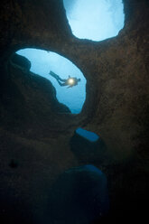 Portugal, Azores, Santa Maria, Atlantic Ocean, diver at volcanic reef - ZCF000087