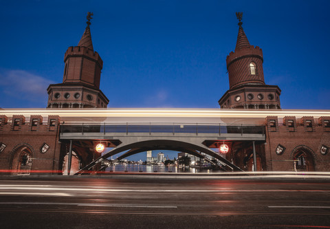 Germany, Berlin, Friedrichshain-Kreuzberg, Oberbaum Bridge, Light Trail stock photo