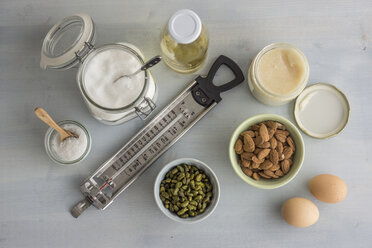 Thermometer and ingredients for making turron, elevated view - IPF000137