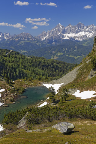 Austria, Styria, Liezen District, Tauern, View to Dachstein, Lake Spiegelsee stock photo