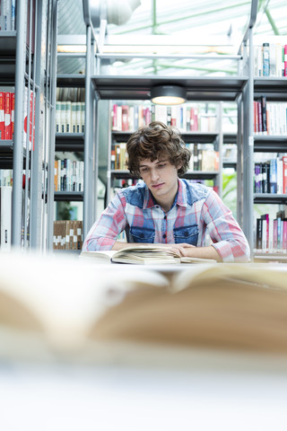 Studentin in einer Universitätsbibliothek beim Lesen, lizenzfreies Stockfoto