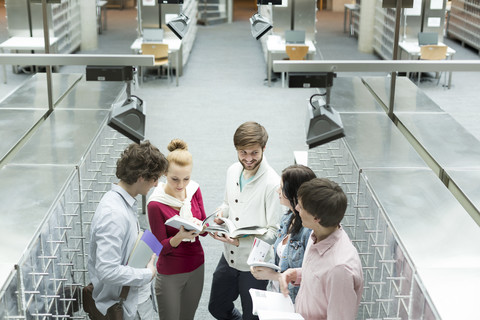 Gruppe von Studenten beim Lernen in einer Universitätsbibliothek, lizenzfreies Stockfoto