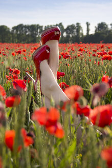 Füße einer Frau mit roten Pumps in einem Mohnfeld - YFF000190