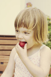 Portrait of little girl eating strawberry - LVF001484