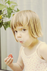 Portrait of little girl eating strawberry - LVF001486