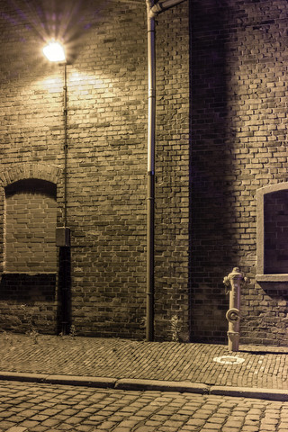 Deutschland, Bremen, Ein Hydrant und eine Straßenlampe in einem verlassenen Industriegebiet, lizenzfreies Stockfoto