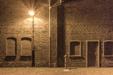 Deutschland, Bremen, Ein Hydrant und eine Straßenlampe in einem verlassenen Industriegebiet - NKF000159