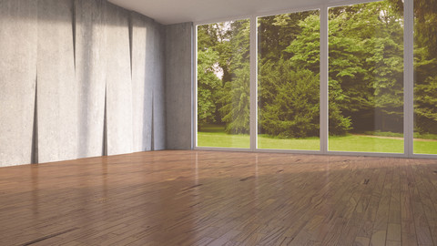 Leerer Raum mit Betonwand und Holzfußboden, 3D Rendering, lizenzfreies Stockfoto