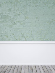 Verputzte Wand, weiße Holzvertäfelung und grauer Dielenboden, 3D Rendering - UWF000120